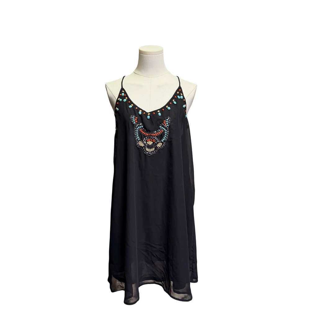 Truly 4 You Black Beaded Boho Mini Dress Womens Large Turquoise Accents